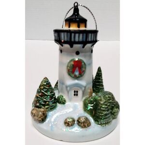 Lighthouse Christmas Ornament Ceramic Wreath On Door Trees Rocks Sparkle Giltter